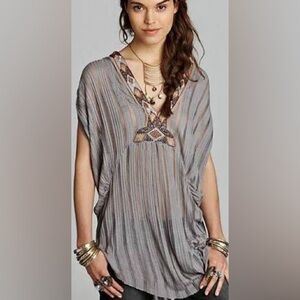 Free People Gray knit V‑Neck Tunic with Beaded Trim